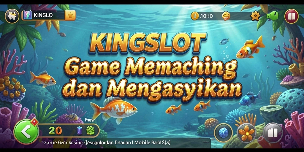 Gameplay KINGSLOT yang seru dengan berbagai ikan dan alat pancing.