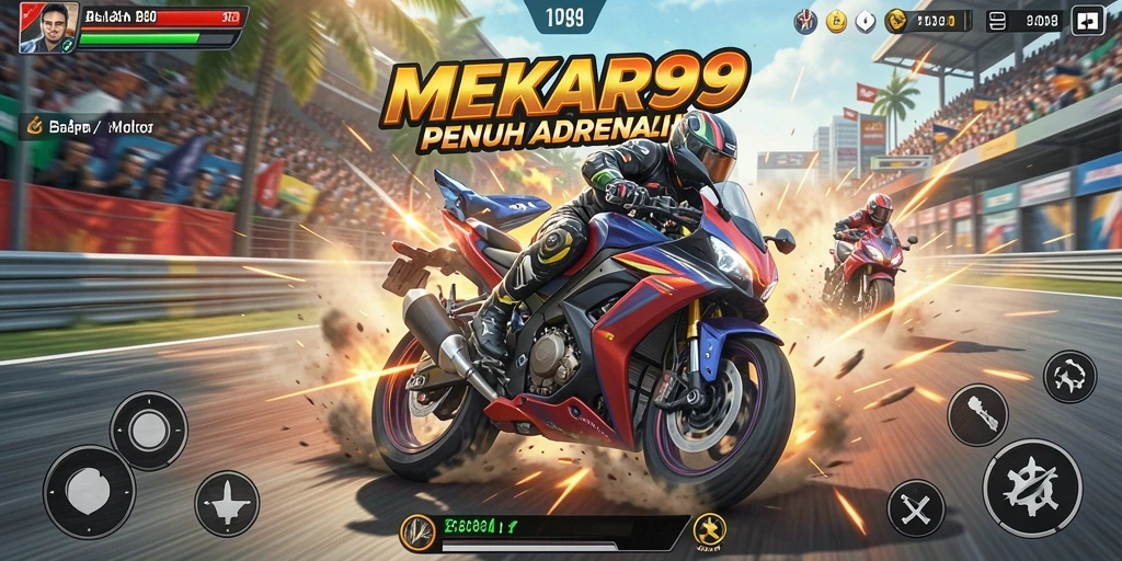 Gameplay seru dan mendebarkan dalam MEKAR99 menunjukkan balapan motor yang intens.