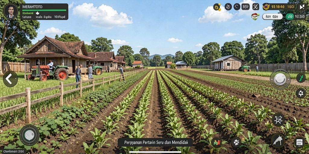 Screenshot gameplay MERAHTOTO menampilkan kebun yang subur dengan berbagai tanaman.