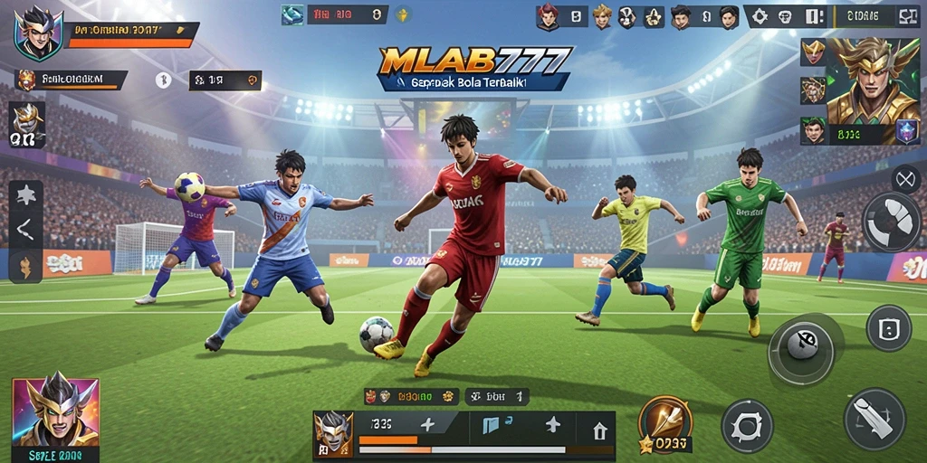 Screenshot gameplay MLBB777 yang menampilkan aksi sepak bola mendebarkan.