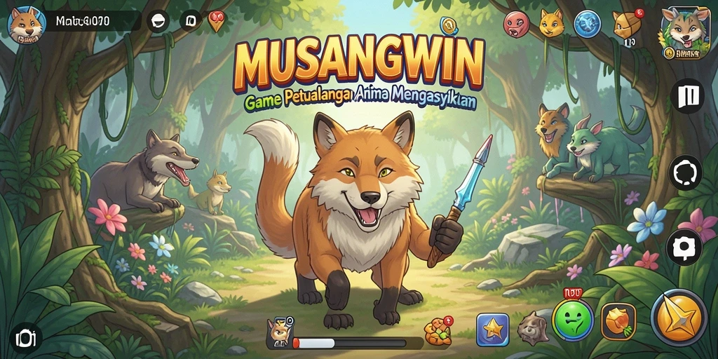 Tangkapan layar MUSANGWIN menampilkan pertarungan spektakuler dengan karakter anime favorit.