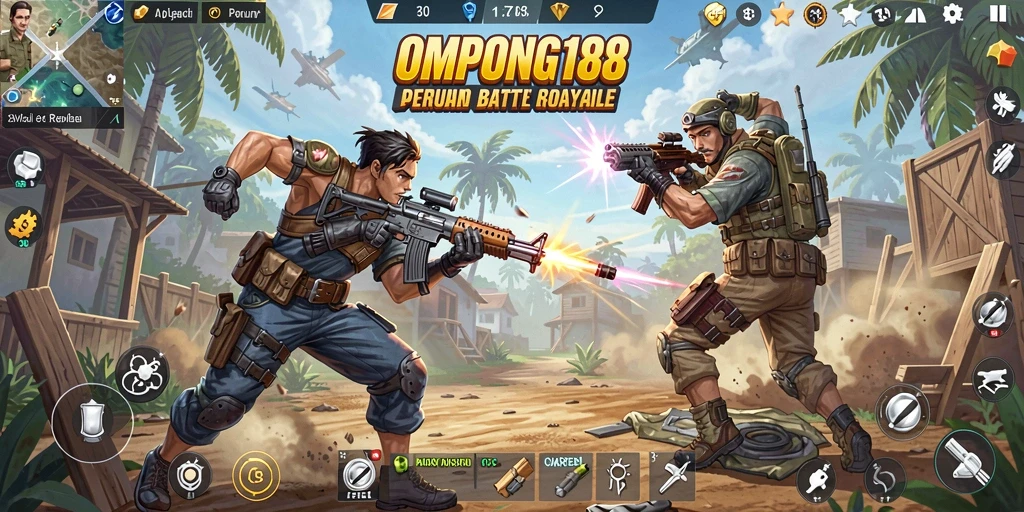 Tampilan gameplay mendebarkan OMPONG188 dalam pertempuran Battle Royale.