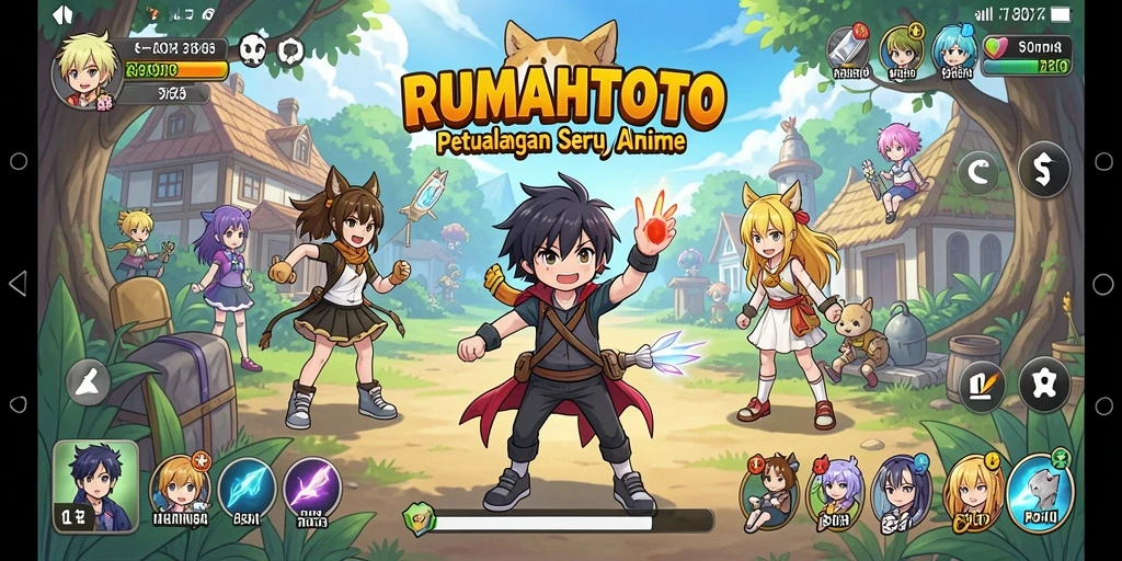 Tampilan seru gameplay RUMAHTOTO dengan karakter anime.